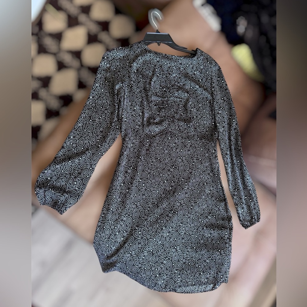 Black White Paisley Mini Dress Long Sleeve Work Casual